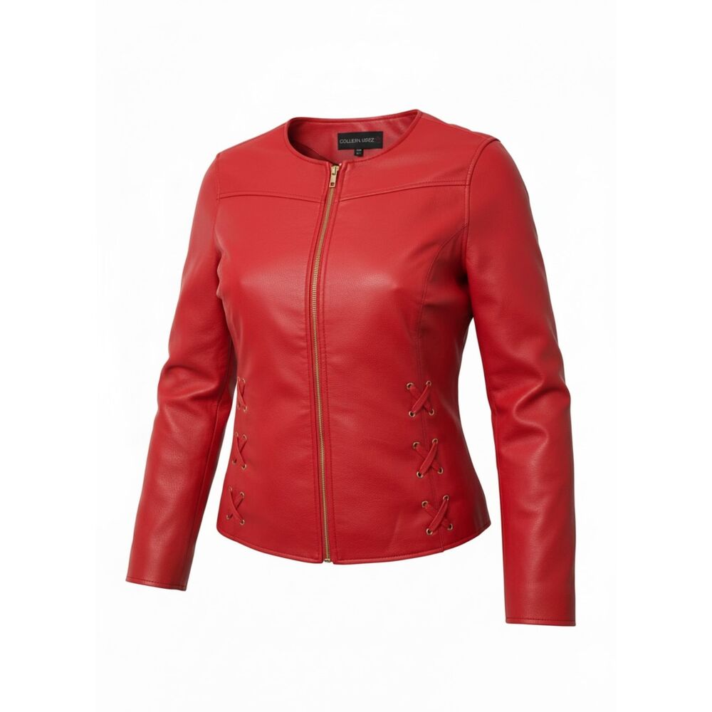 Colleen Lopez Red Faux Leather Jacket XL Gold Zip Lace Up Detail Moto Style NWOT